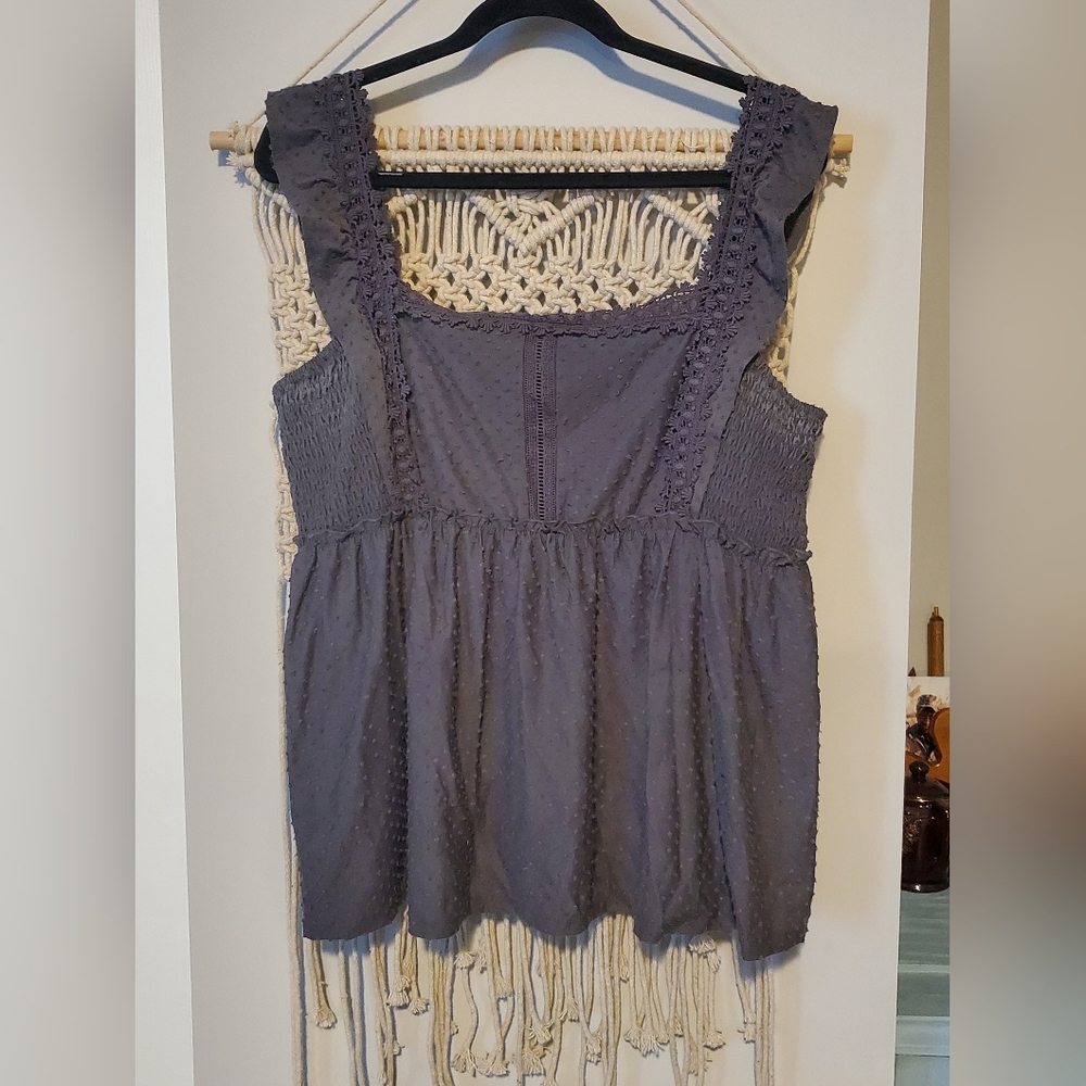 Eyeshadow womans grey Swiss dot tank top with ruffle sleeves